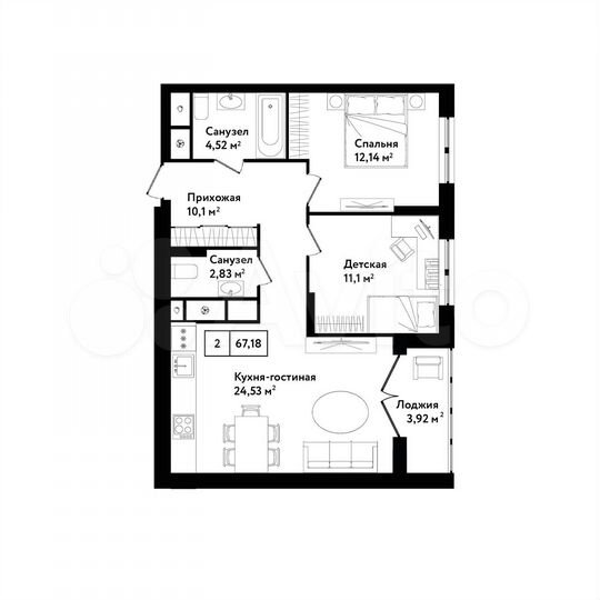 2-к. квартира, 67,2 м², 8/25 эт.