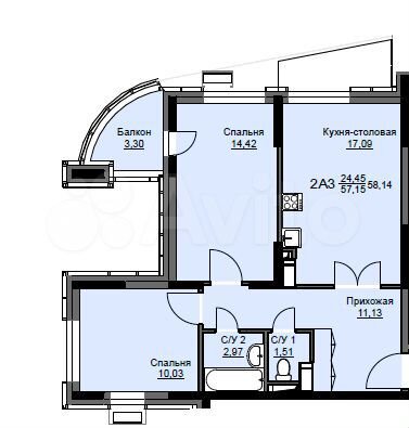 2-к. квартира, 58,1 м², 8/17 эт.