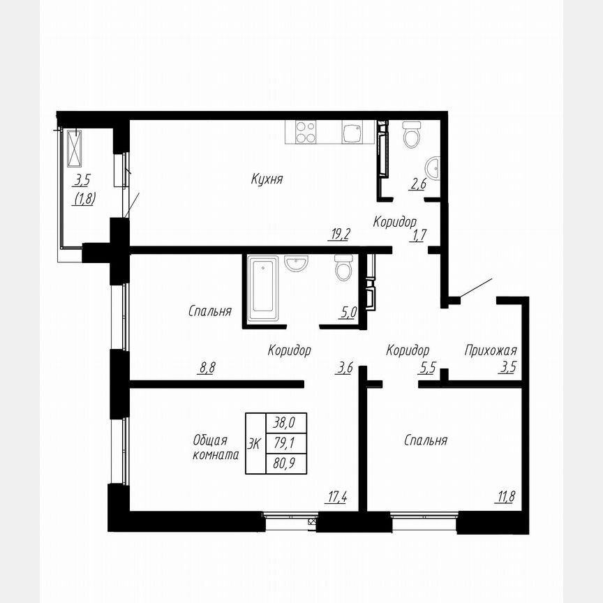 3-к. квартира, 80,9 м², 12/17 эт.