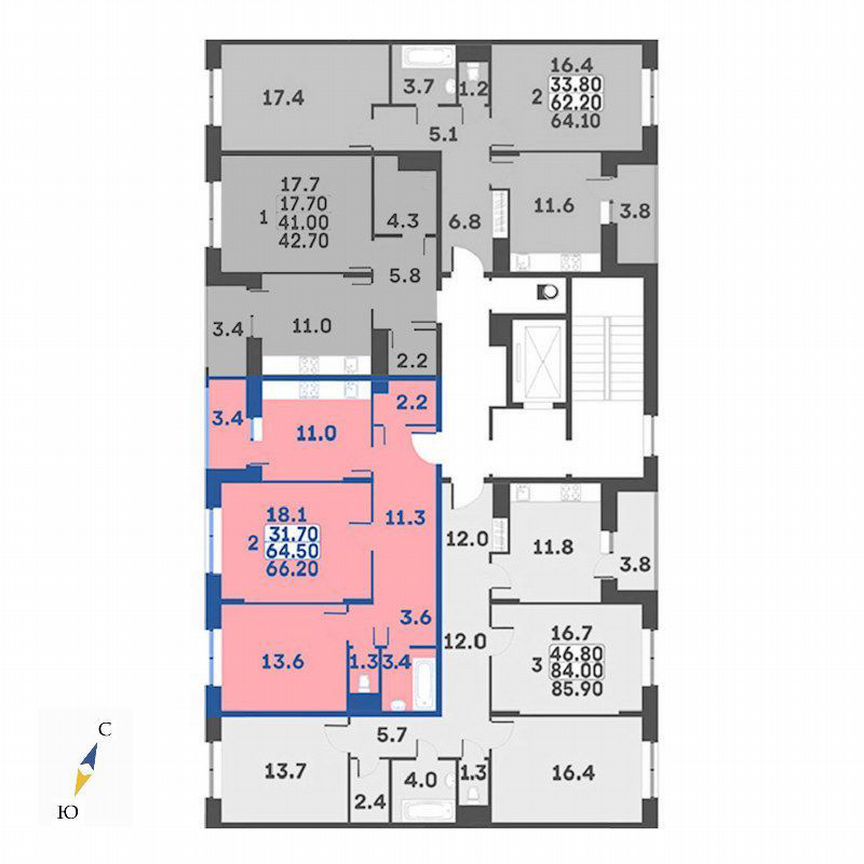 2-к. квартира, 66,2 м², 7/7 эт.