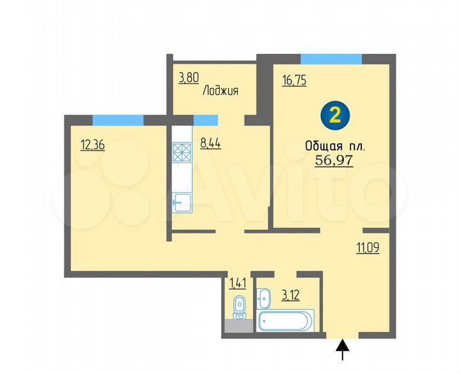 2-к. квартира, 62,6 м², 6/10 эт.