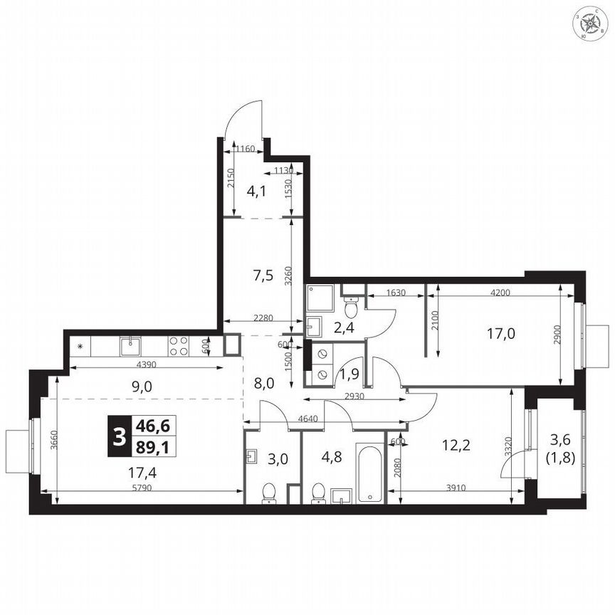 2-к. квартира, 89,3 м², 12/15 эт.