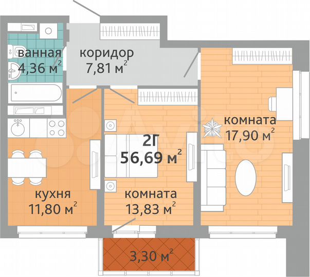 2-к. квартира, 56,7 м², 21/24 эт.