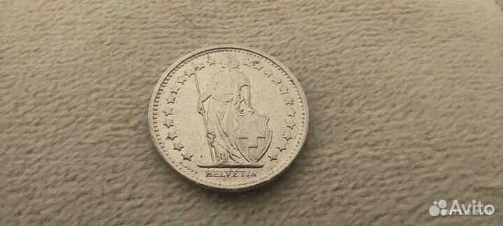 Монета 1/2 швейцарского франка 1972 год