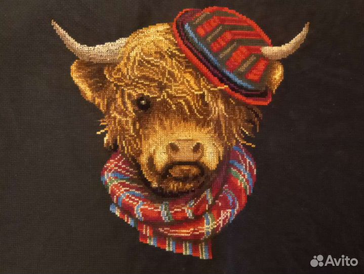 Вышивка крестом бык в шляпе