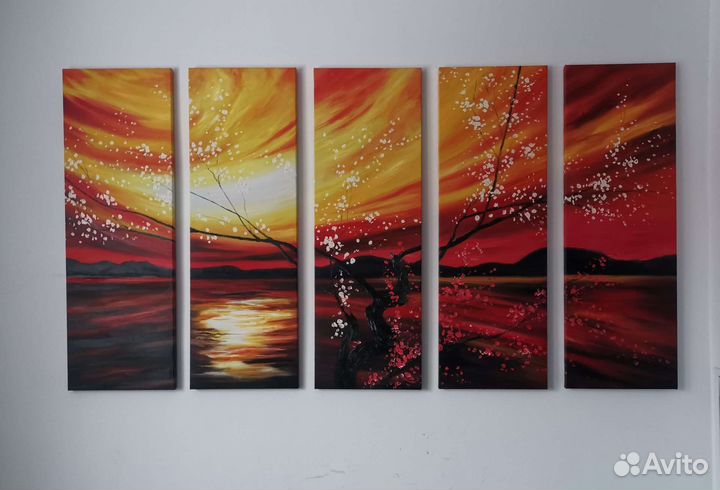 Картина модульная сакура ручная роспись 5 холстов