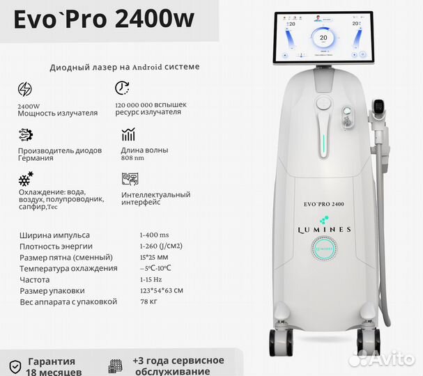 Диодный лазер для эпиляции люминес Evo Pro 2400вт