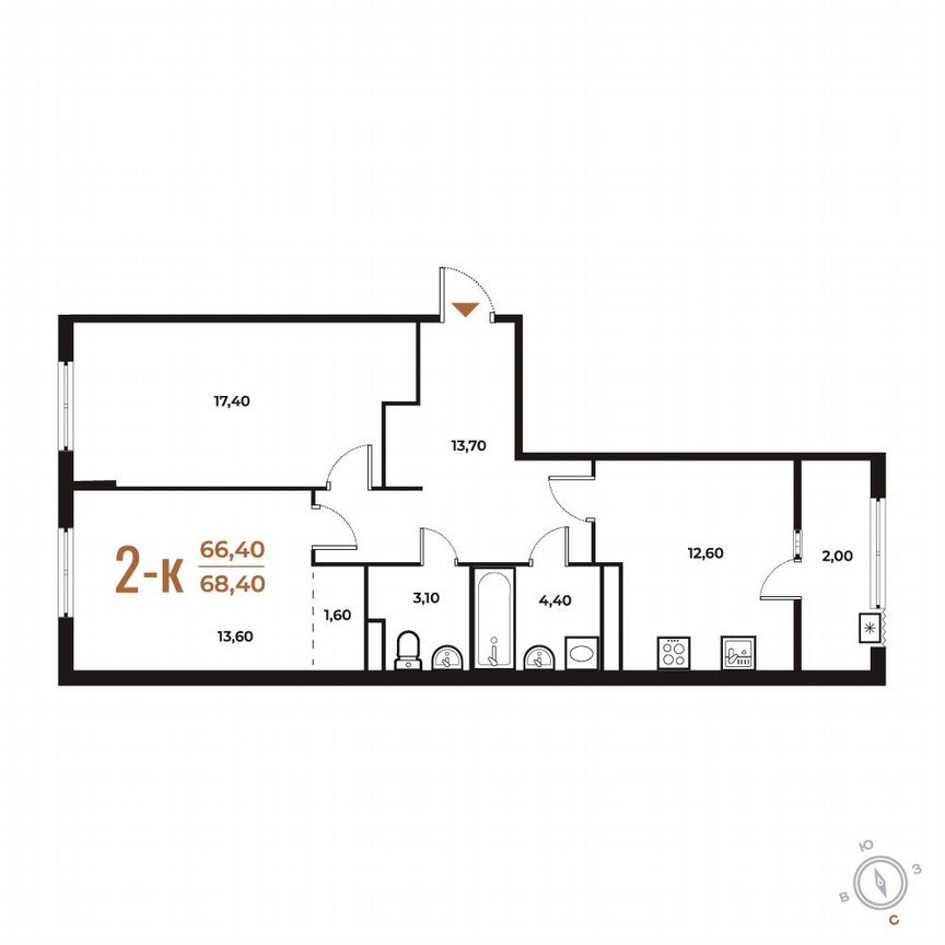 2-к. квартира, 68,4 м², 6/8 эт.