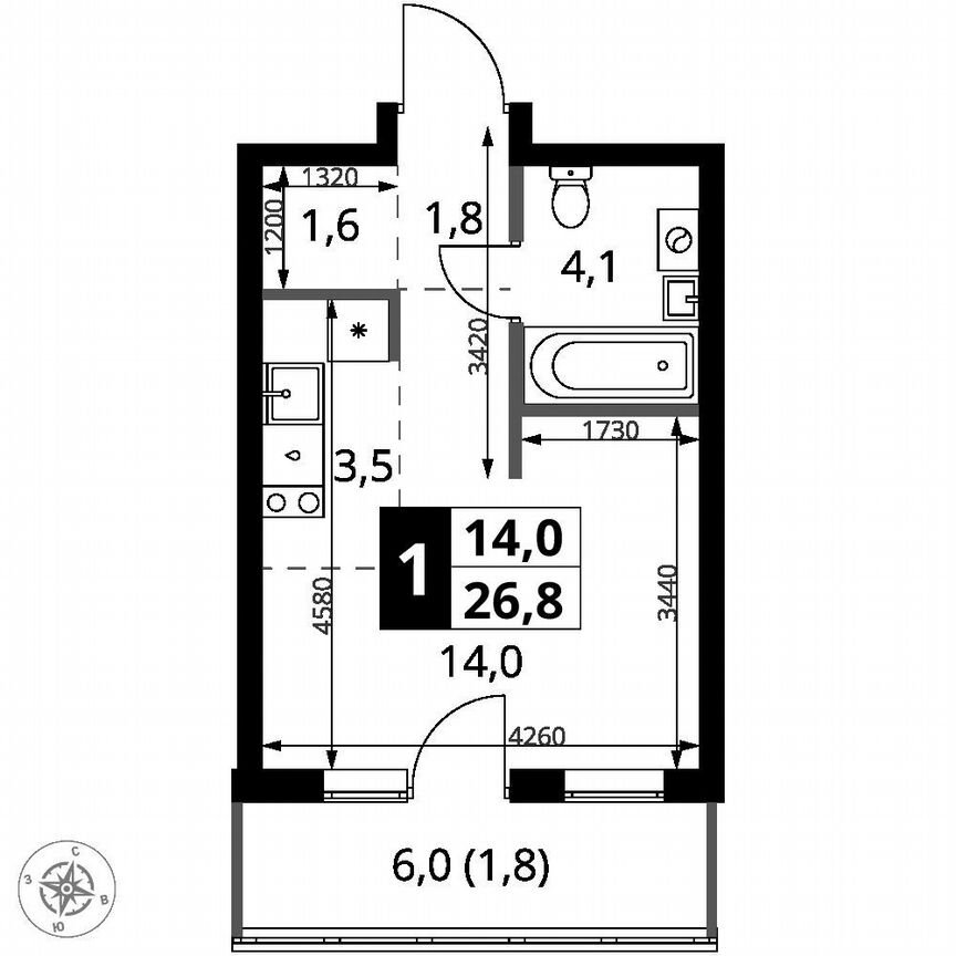 Квартира-студия, 26,8 м², 8/9 эт.
