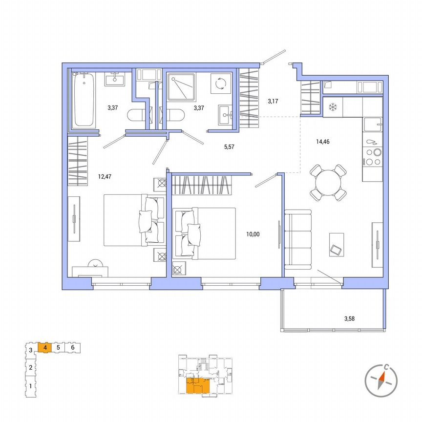 2-к. квартира, 53,5 м², 2/7 эт.