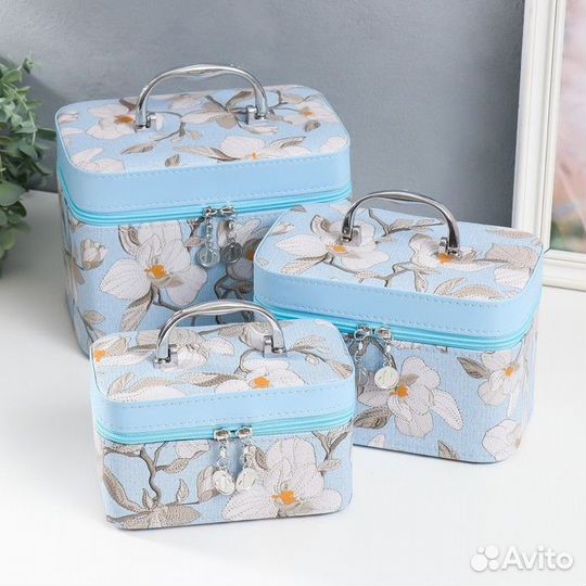 Шкатулка кожзам с зеркалом 'Цветы. Голубой' набор