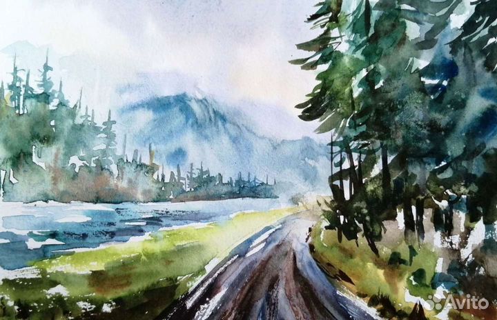 Картина акварелью Горный Алтай пейзаж