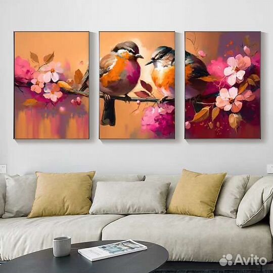 Модульная картина маслом Птички на ветке