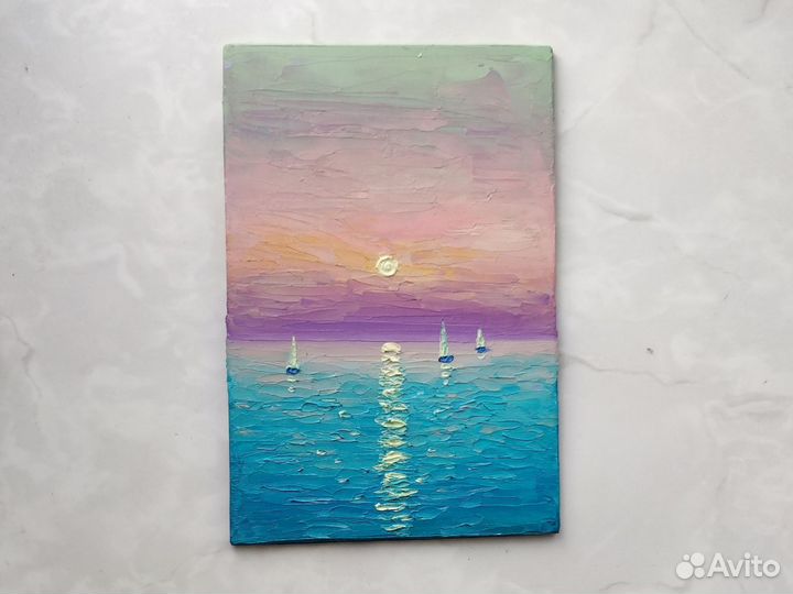 Картина маслом на холсте Море Лодки Закат