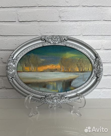 Картина маслом миниатюра в рамке Закат