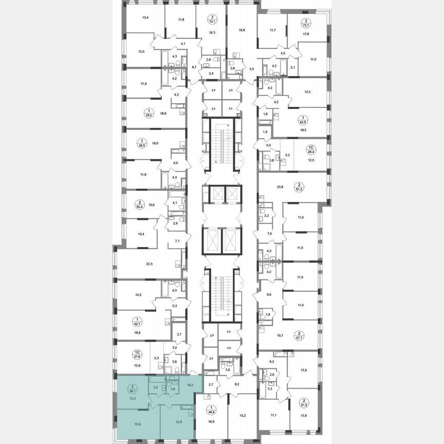 2-к. квартира, 56,1 м², 15/19 эт.