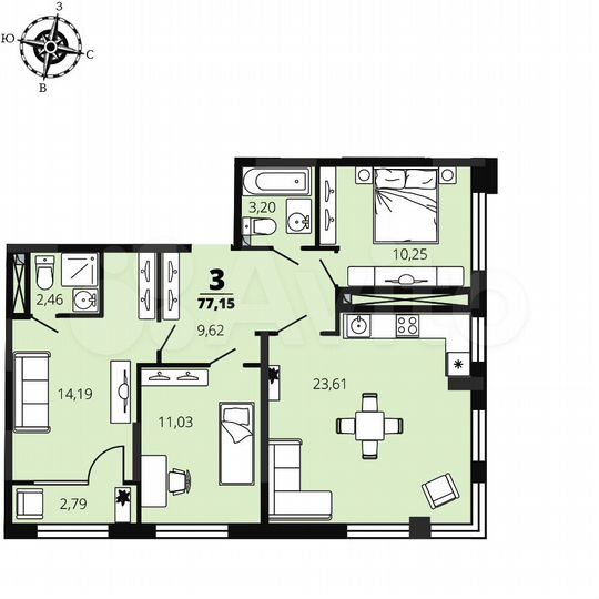 3-к. квартира, 77,2 м², 23/26 эт.