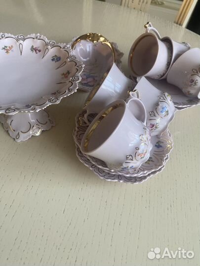 Розовый фарфорс позолотой Чешский кофейный сервиз
