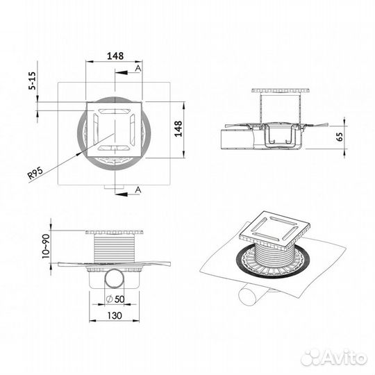 Душевой трап Berges Wasserhaus Zentrum Norma 150x