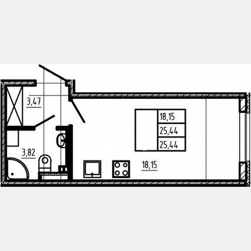 Квартира-студия, 25,4 м², 3/4 эт.