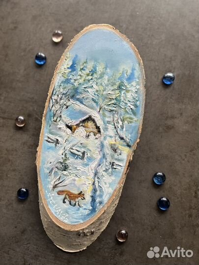 Картина маслом на спиле дерева Зима Деревня 28х12