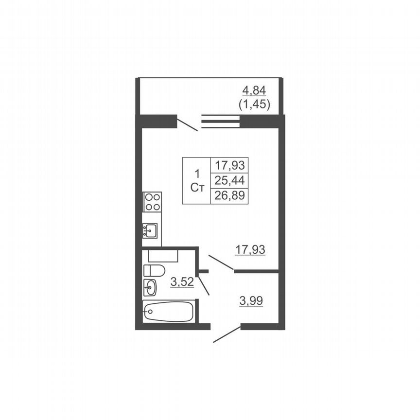 Квартира-студия, 26,9 м², 12/16 эт.