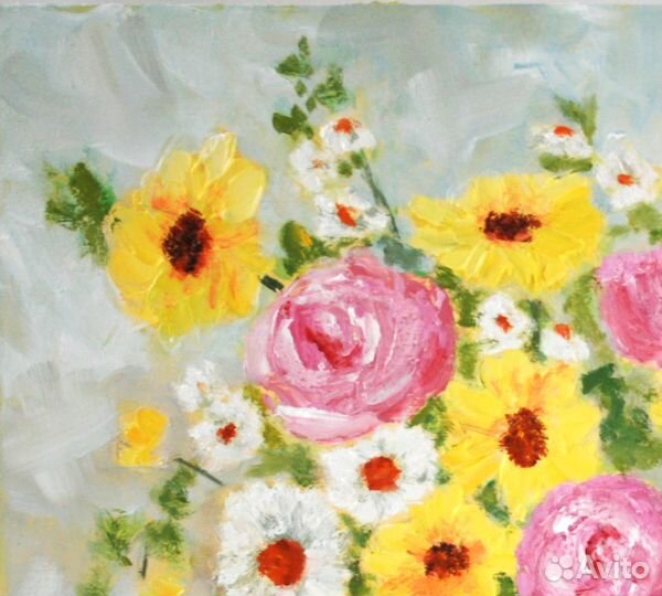 Картина маслом цветы ромашки розы