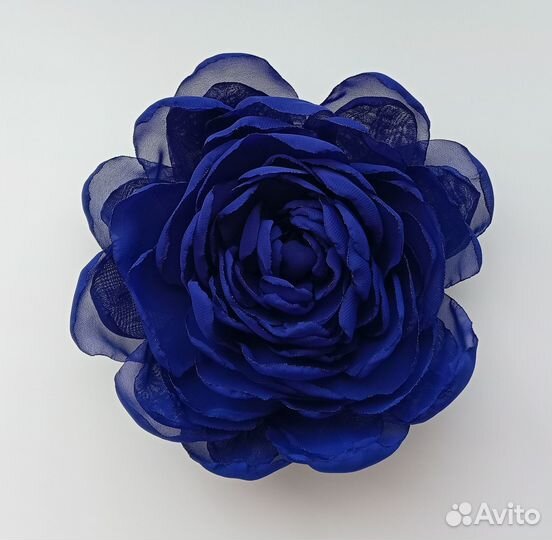 Брошь пион синий 20 см из шифона ручной работы