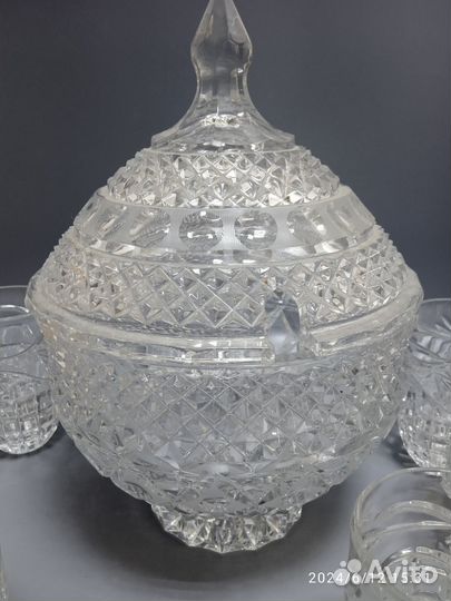 Хрустальная крюшонница с бокалами Винтаж