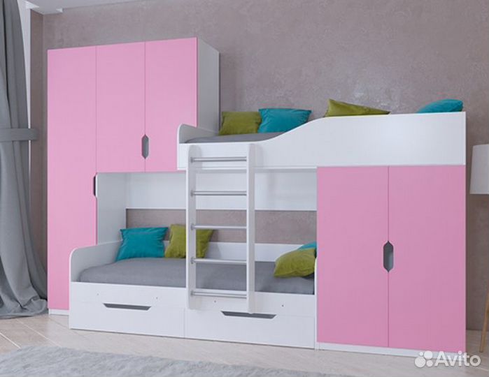Кровать двухъярусная лео Белый/Розовый