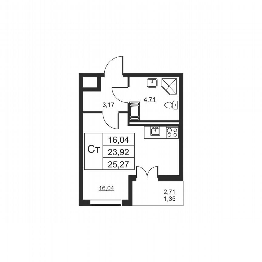 Квартира-студия, 25,3 м², 13/19 эт.