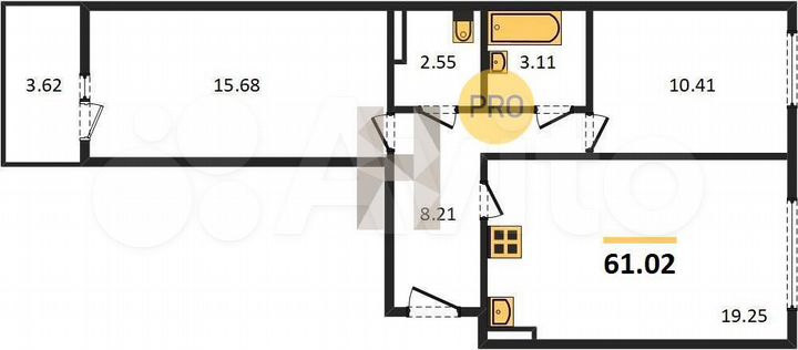 2-к. квартира, 61 м², 10/10 эт.
