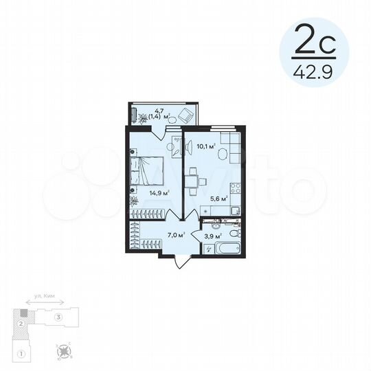 2-к. квартира, 42,9 м², 5/12 эт.