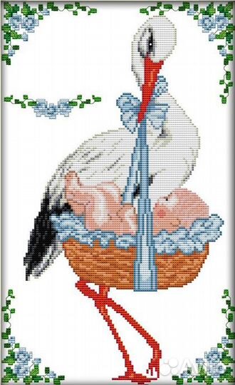 Вышивка крестиком метрика Аист и малыш мальчик