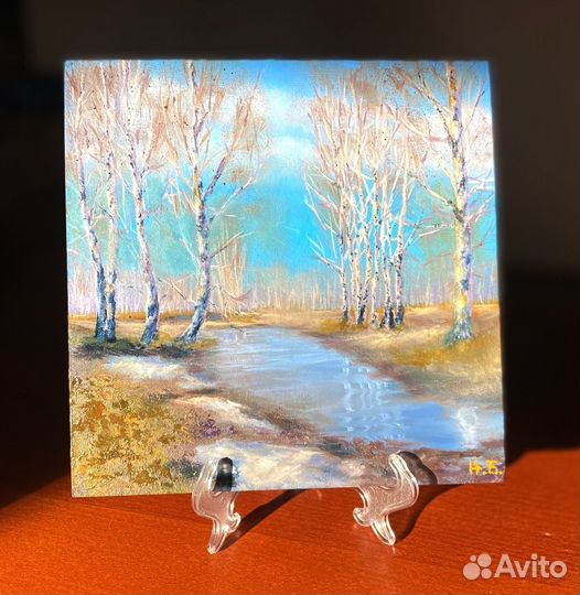 Картина маслом пейзаж 20х20см. Ранняя весна
