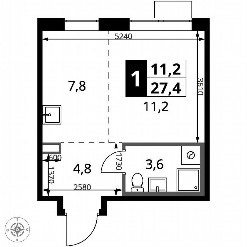 Квартира-студия, 27,4 м², 12/12 эт.
