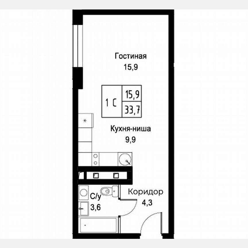 Апартаменты-студия, 33,7 м², 6/30 эт.