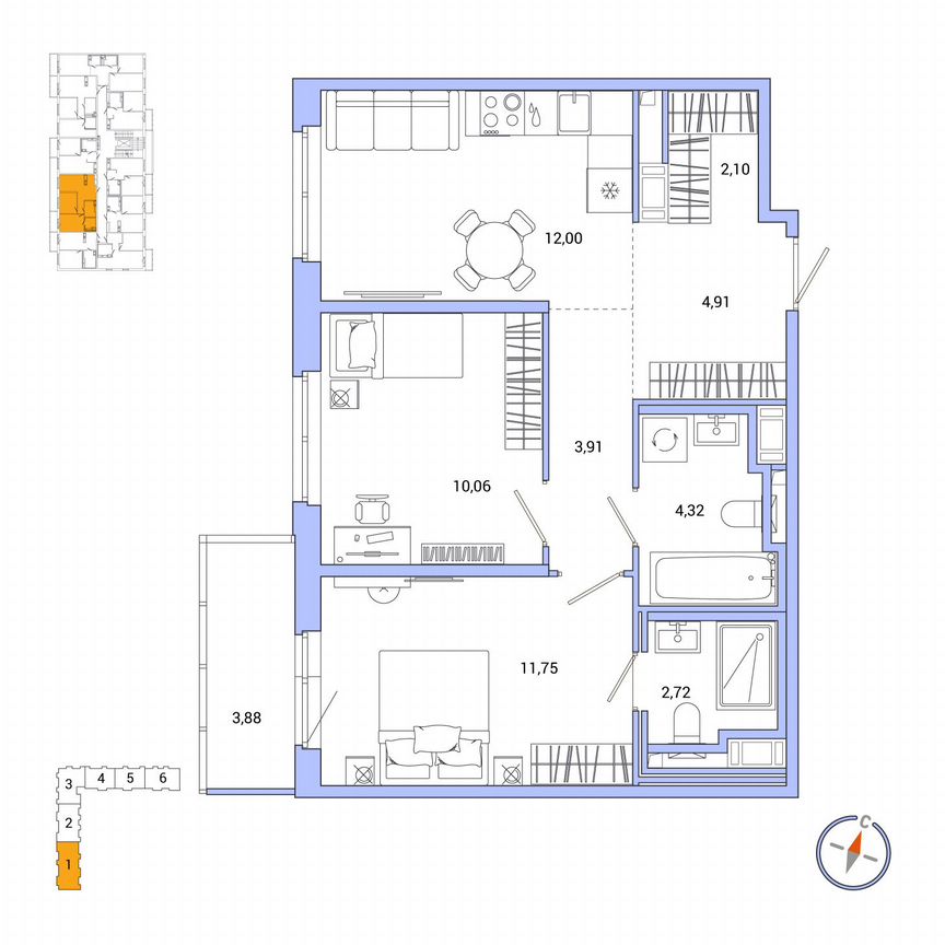 2-к. квартира, 52,9 м², 3/7 эт.