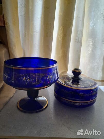 Ваза для фруктов, конфетница богемия, кобальт 1970