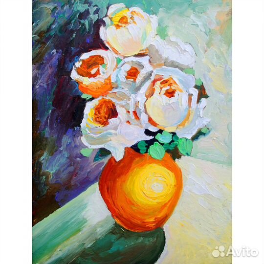 Картина Розы белые Букет цветов в вазе масло 15*21