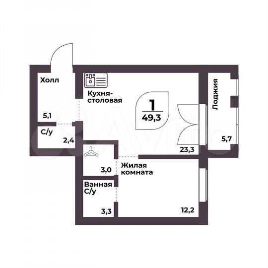 1-к. квартира, 49,3 м², 3/8 эт.