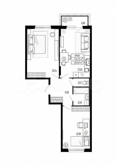 2-к. квартира, 63 м², 2/4 эт.