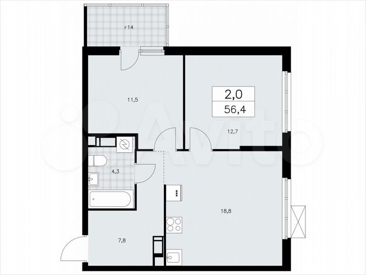 2-к. квартира, 56,4 м², 8/11 эт.