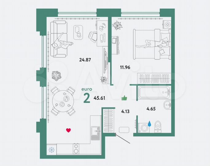 2-к. квартира, 45,6 м², 2/11 эт.