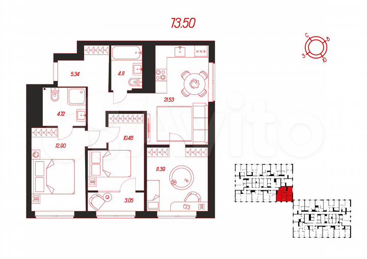 3-к. квартира, 73,5 м², 12/16 эт.
