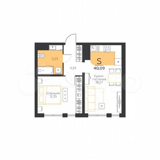 1-к. квартира, 40,1 м², 4/5 эт.