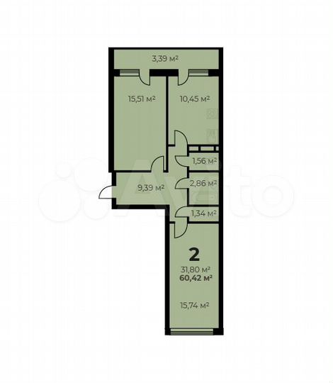 2-к. квартира, 60,4 м², 1/16 эт.