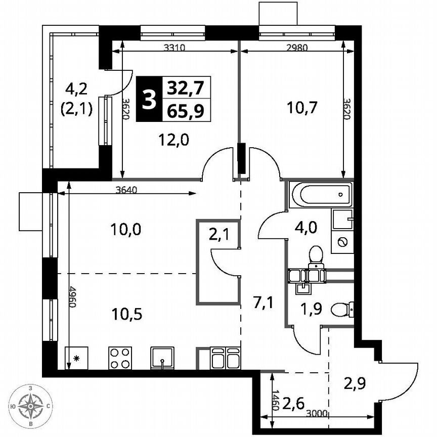 2-к. квартира, 65,9 м², 19/25 эт.