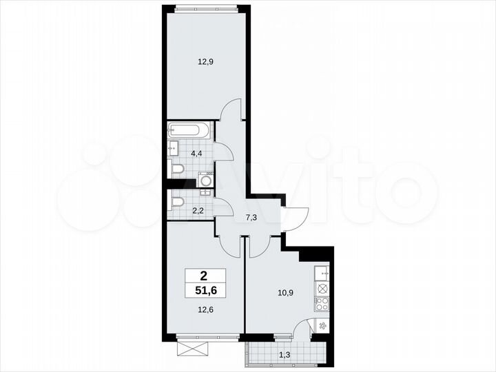 2-к. квартира, 51,6 м², 17/19 эт.