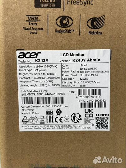 Новый монитор Acer K243Y 24 дюйма